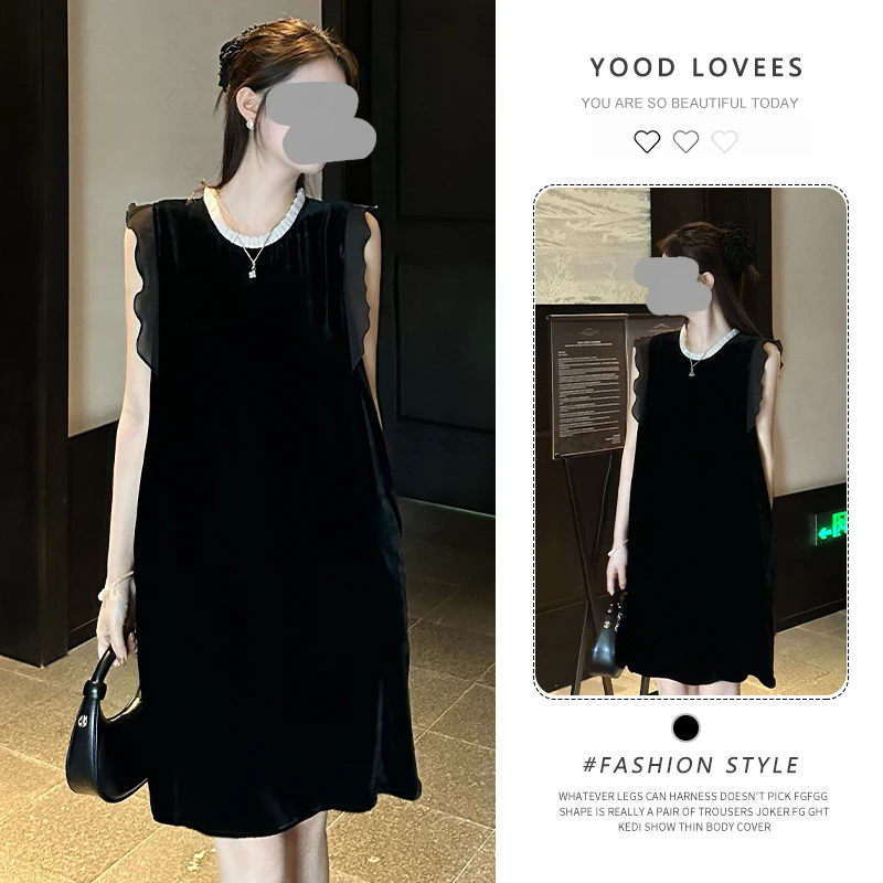 高级感连衣裙黑色圆领小飞袖撞色背心裙2025夏季新款撞色大码短裙