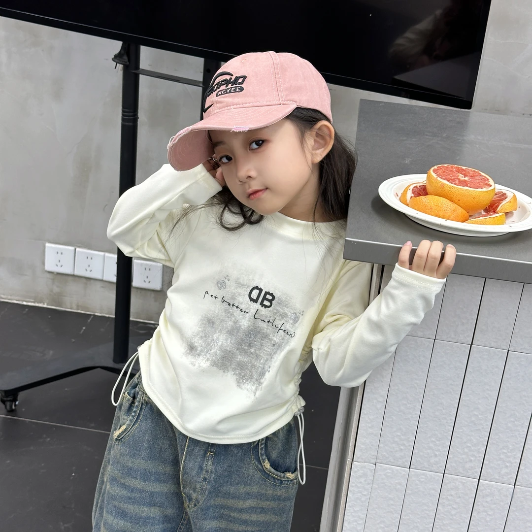 女童打底秋冬2025童装新款儿童长袖德绒中大童洋气抽绳T恤上衣