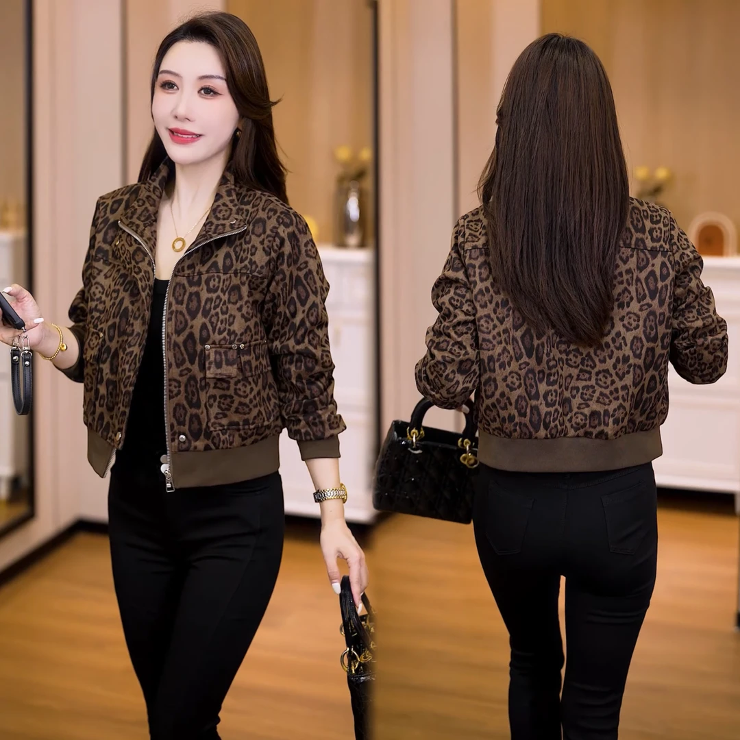 秋装女款爆款2025新款短外套女春秋复古小个子豹纹上衣休闲百搭
