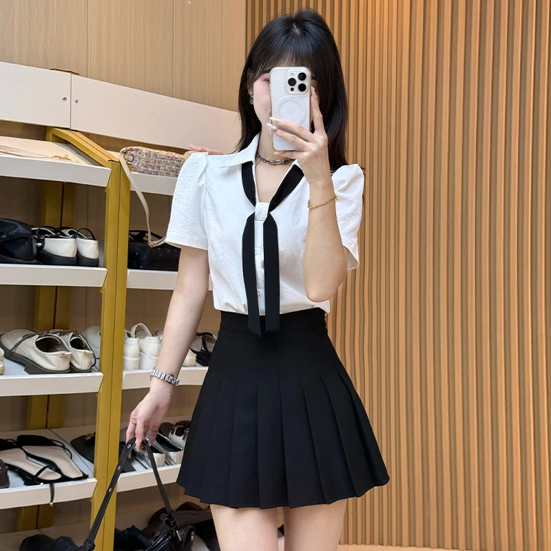 小个子正肩短袖衬衫女2025夏季新款独特漂亮减龄气质系带领带上衣