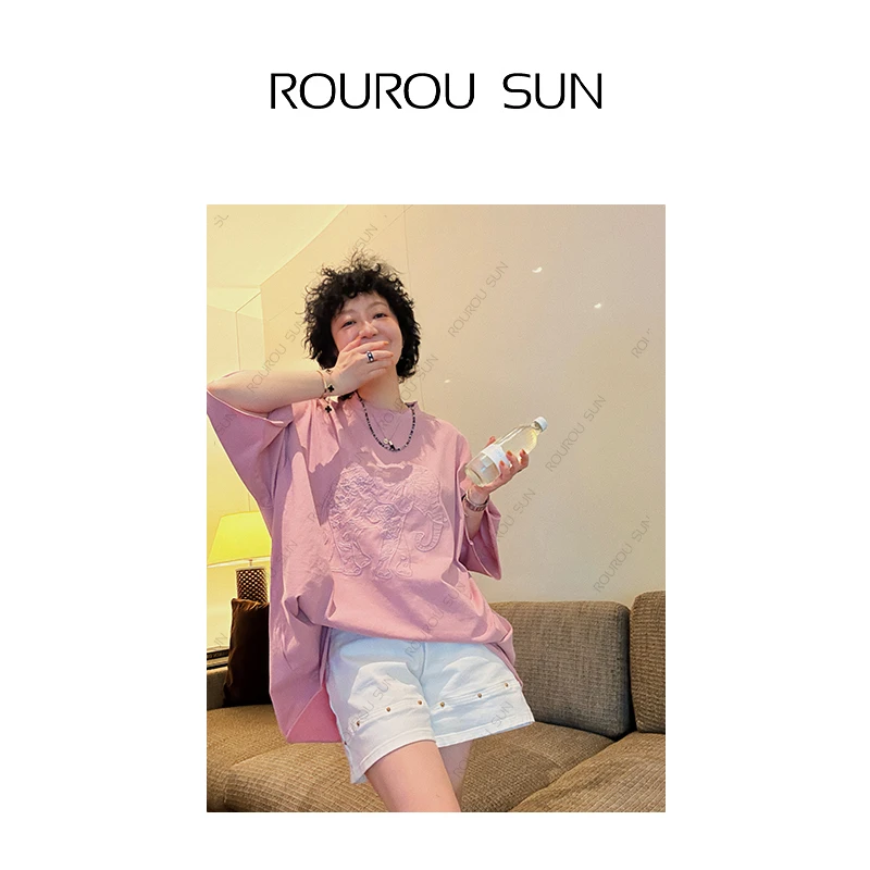 25767韩系设计感小众大象刺绣圆领短袖T恤别致时尚简约百搭上衣