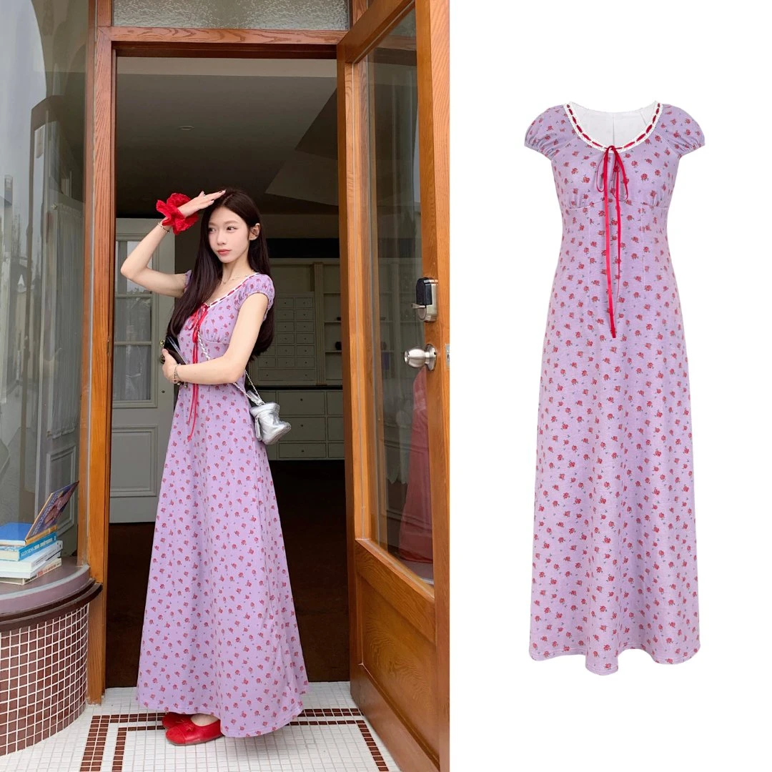 【香芋可露丽】韩版纯欲少女碎花连衣裙气质设计显瘦针织裙L 8683#