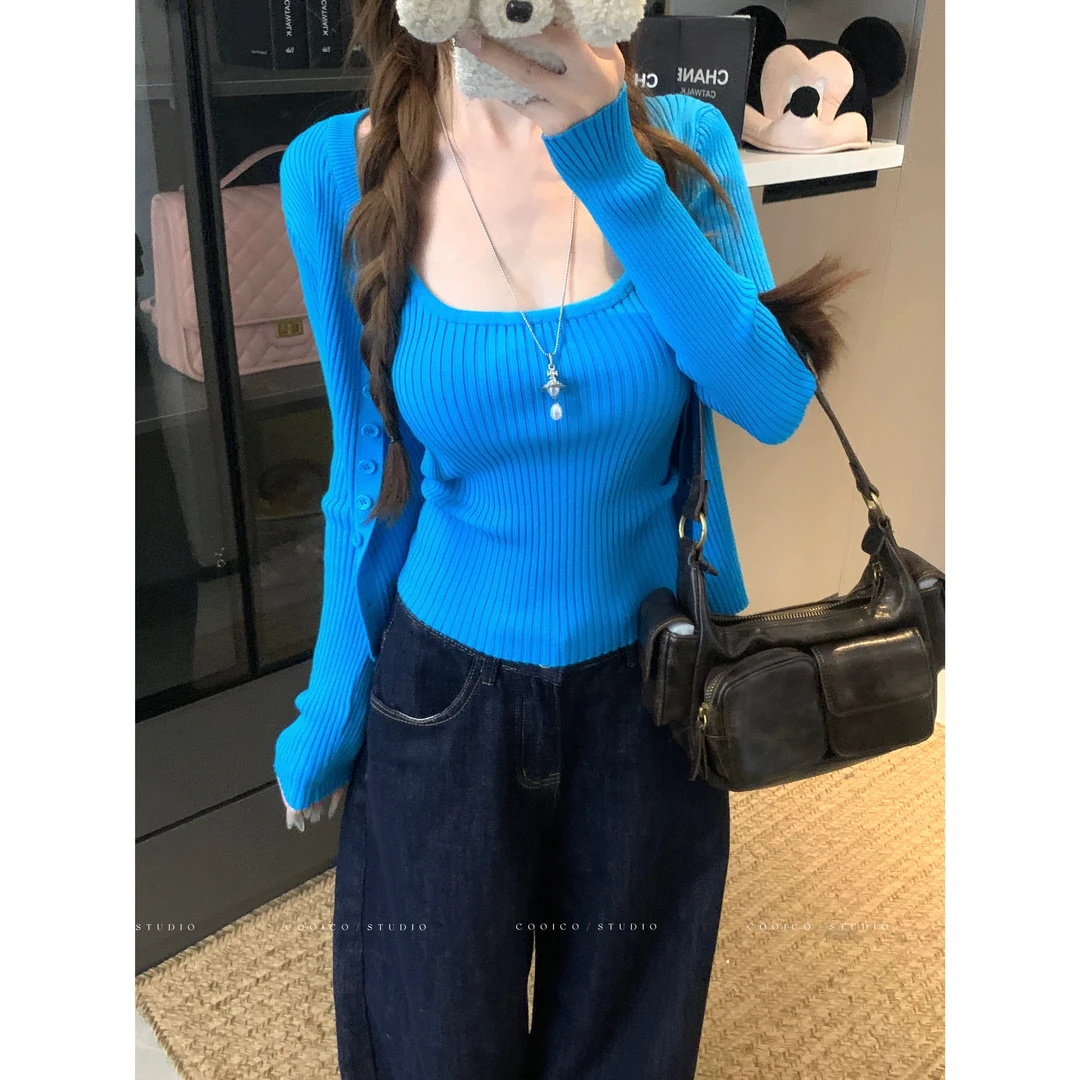 韩系甜辣妹短款针织开衫小外套女早秋内搭修身吊带背心小众套装