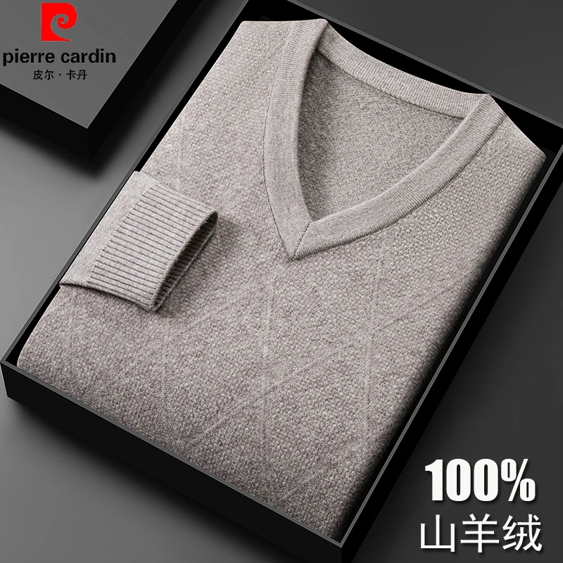 皮尔卡丹100纯羊绒衫男士V领套头毛衣中老年鸡心领加厚打底羊毛衫