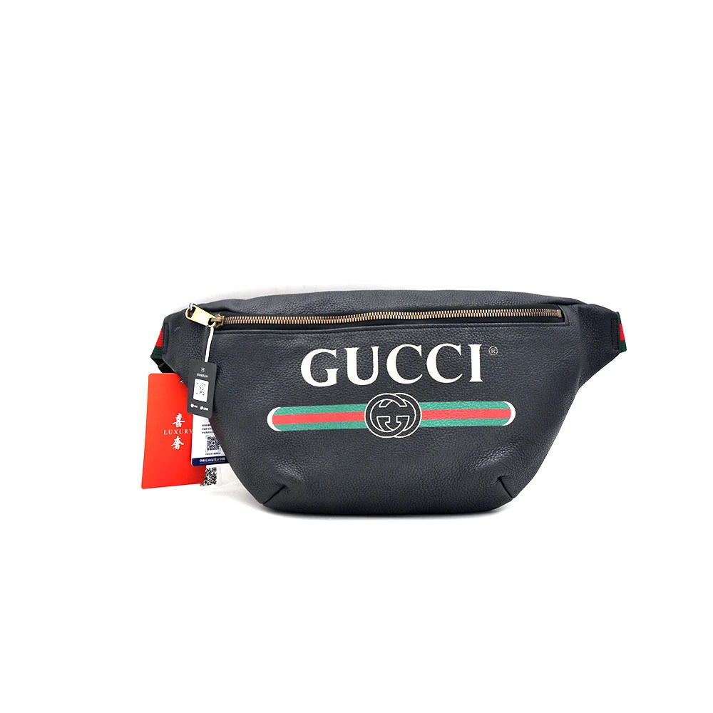 95新 GUCCI/古驰 98新黑金荔枝纹全皮大logo腰包胸包26＊20/44694