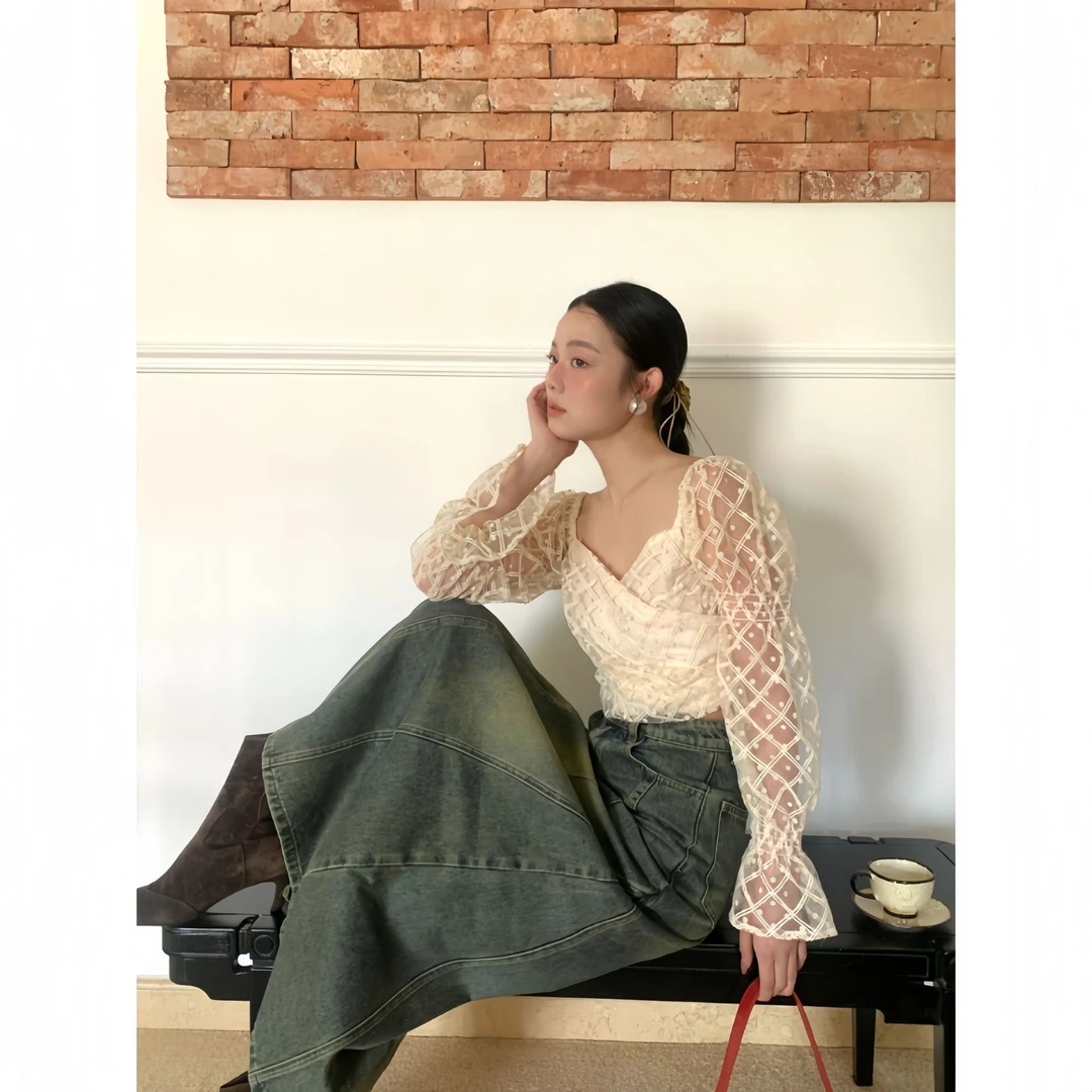 NEWOPEN春季法式名媛镂空蕾丝衫方领泡泡袖上衣F1926