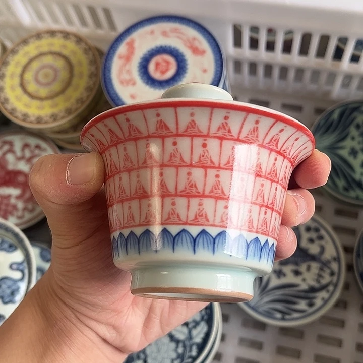 摆件景德镇千佛千面两才马蹄盖碗