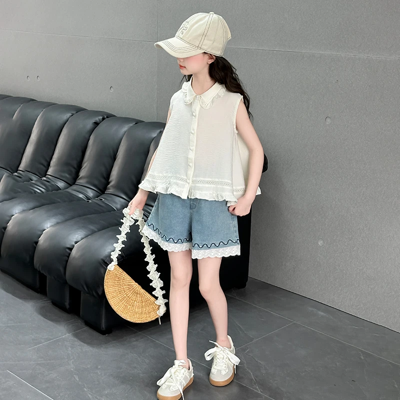 女童夏季2025新款无袖套装儿童韩版荷叶边衬衫上衣牛仔短裤两件套