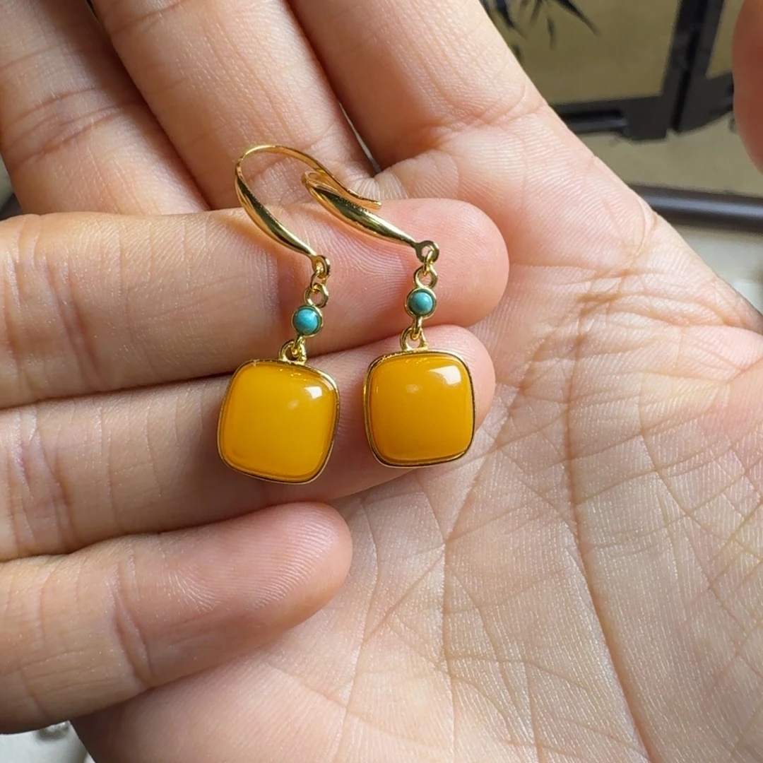 蜜蜡银S925镀金镶嵌耳饰天然蜜蜡