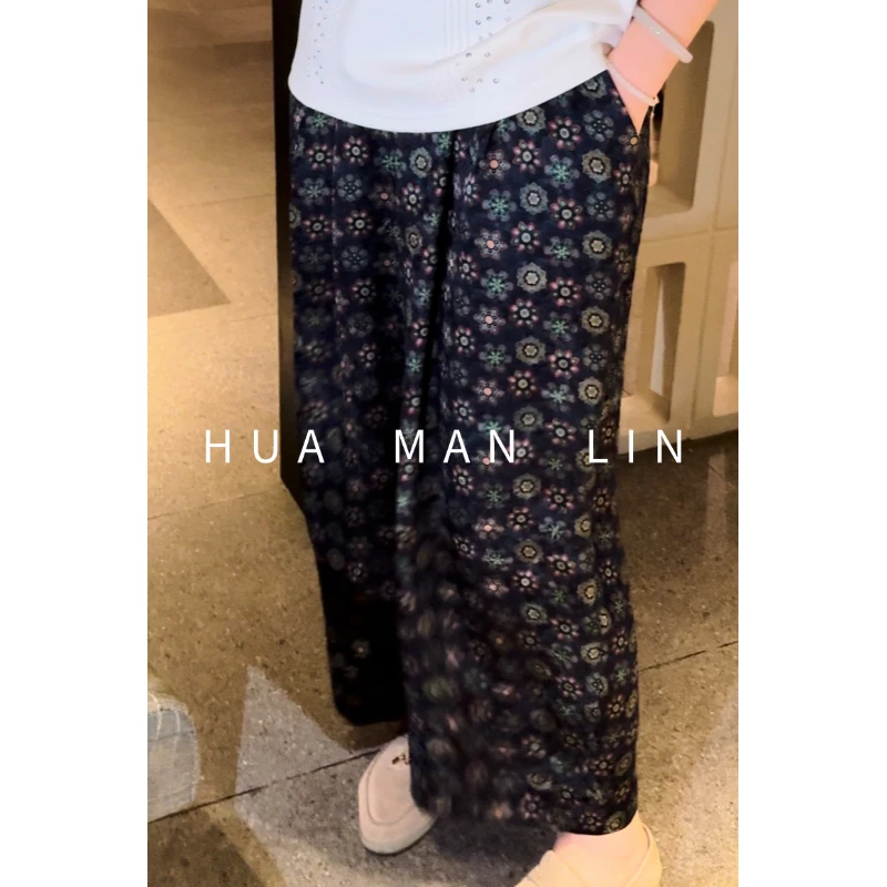 【花满林】全松紧腰团花香云纱桑蚕丝蓝绿花休闲裤259221