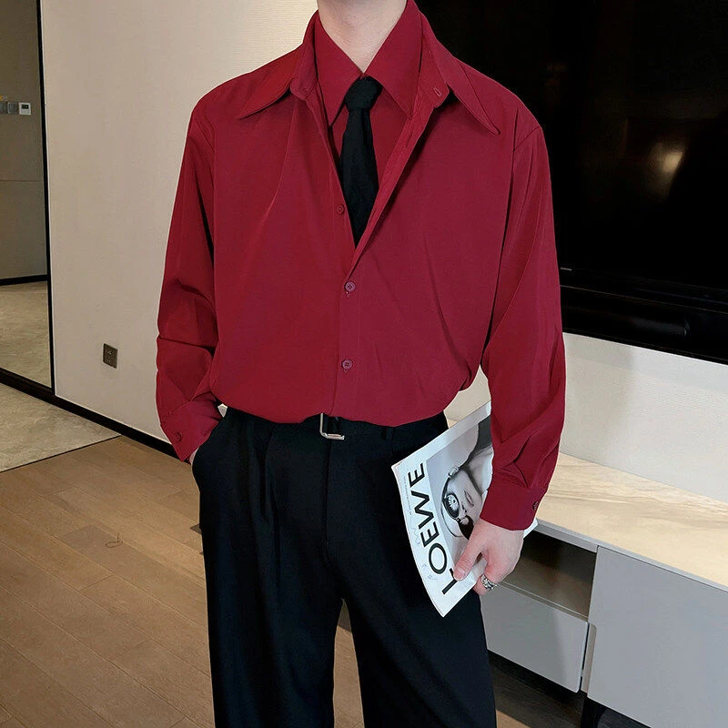 2025春季韩版徦两件拼接红衬衫男雅痞高级感叠穿领带衬衣潮飘带款