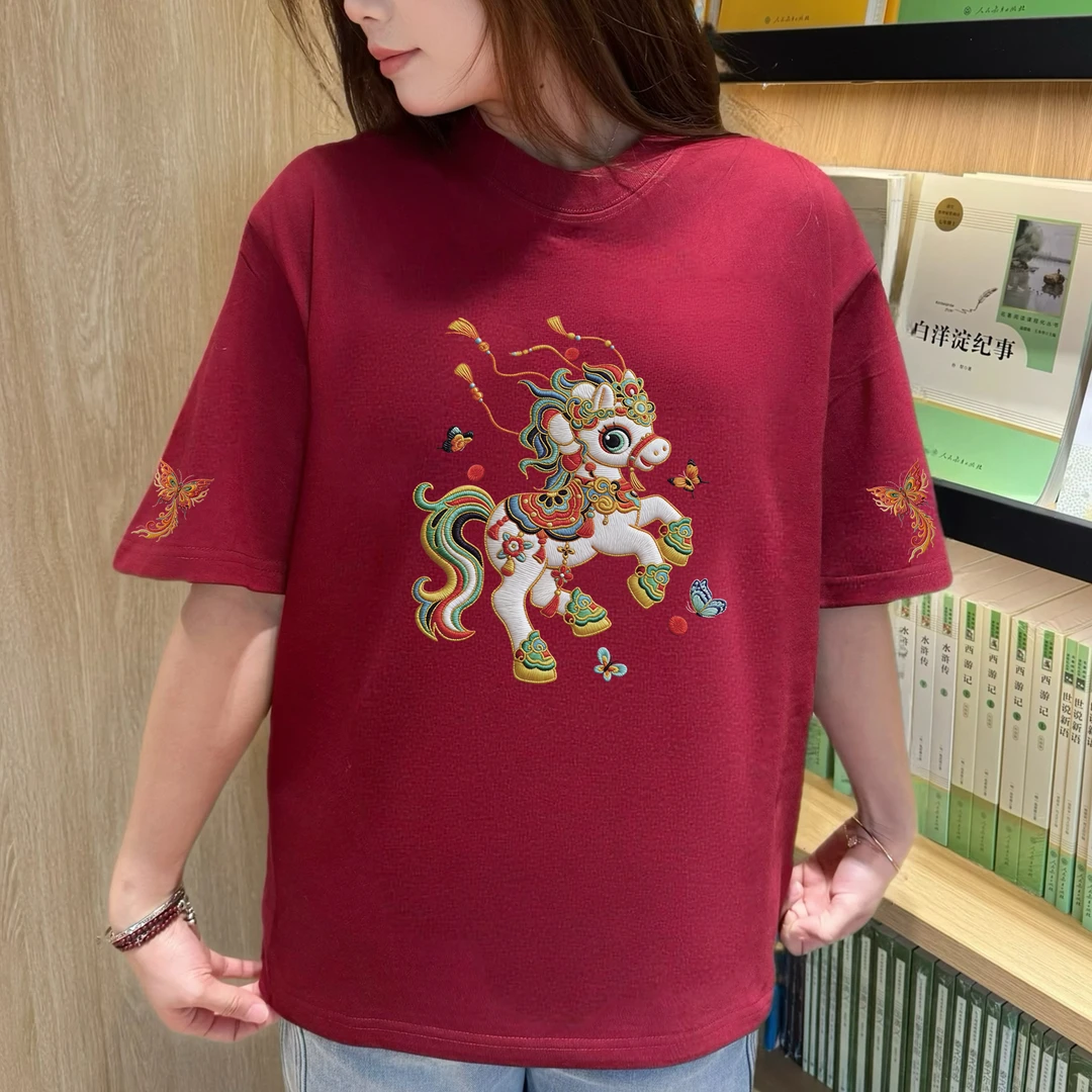 常规圆领T恤夏季宽松型印花半袖宽松情侣中国风短袖