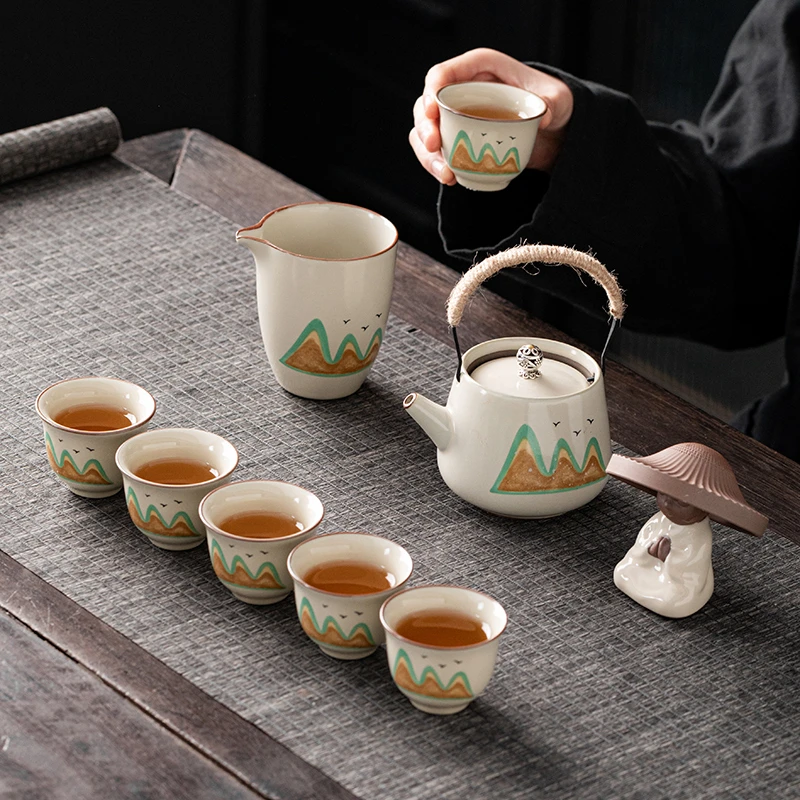 高档汝窑功夫茶具套装复古轻奢陶瓷提梁壶家用泡茶壶全套茶杯茶漏