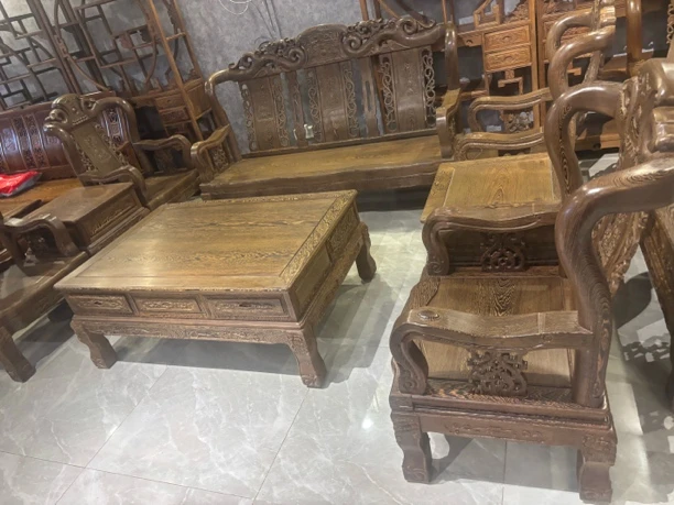 鸡翅木锦绣沙发8件豪华鸿福家用禅意雕花储物沙发桌椅中式风格