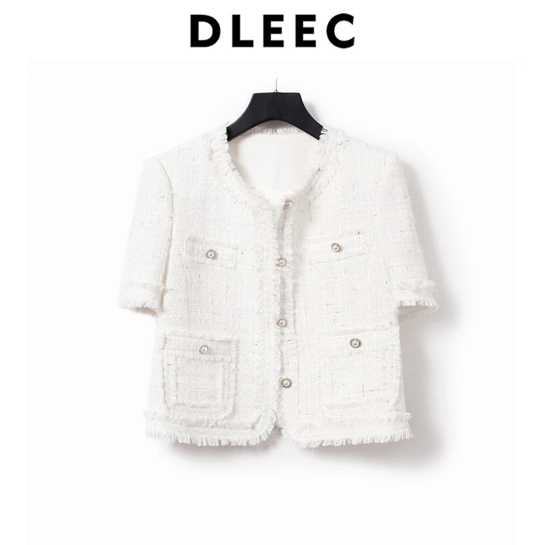 DLEEC 立体纯手工 小香风流苏口袋短袖薄款外套气质百搭白色上衣