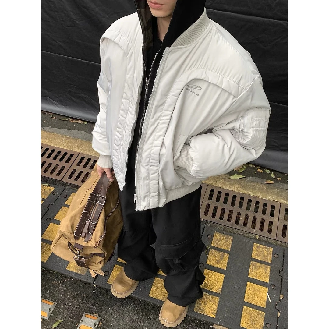 冬季解构弧形设计感飞行员棉服机车夹克男cleanfi保暖棒球服棉衣