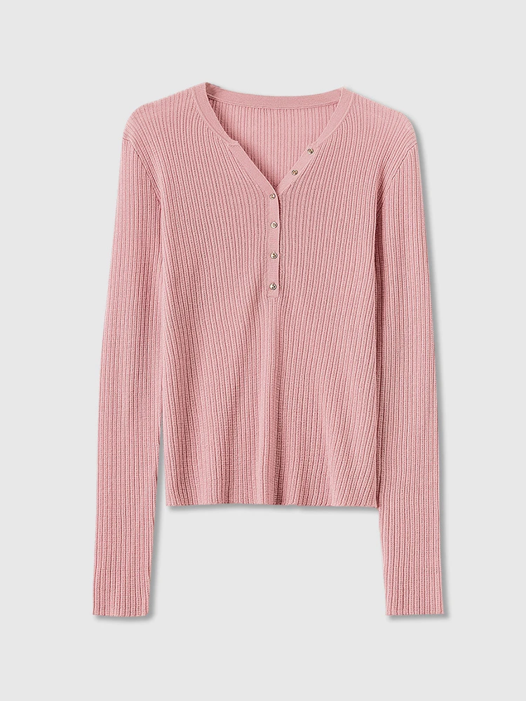 【精纺美丽诺羊毛】V领单排扣绵羊毛衫针织打底衫毛衣女 青草 LL666