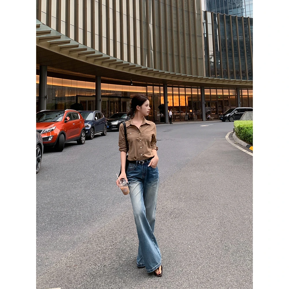 贴腿微喇裤女秋季新款中腰复古水洗喇叭裤显瘦牛仔裤99529