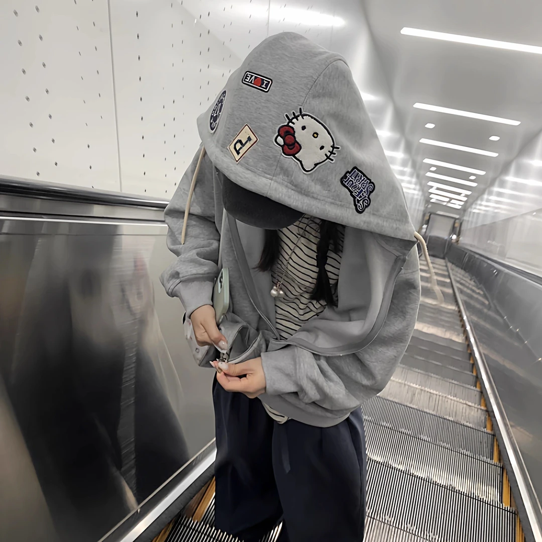 原创贴章连帽卫衣外套2025秋季新款小猫灰色抽绳减龄宽松开衫女潮