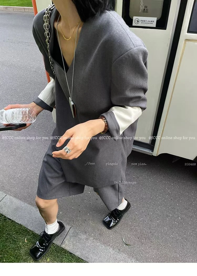 冷淡风混纺麻西服廓肩垫肩上衣松紧腰五分裤