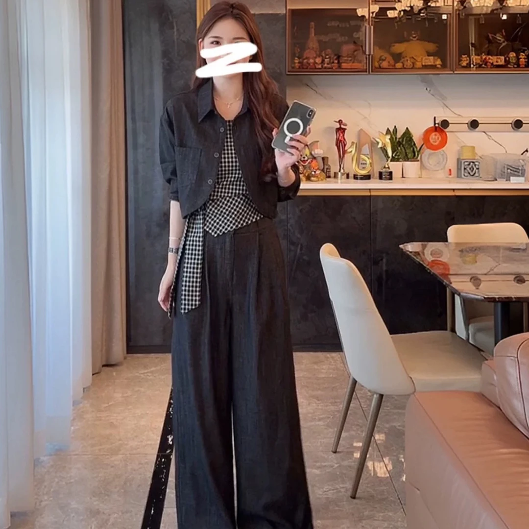 圆圆【三件套】老钱风格子牛仔吊带外套女2025秋款新款慵懒休闲裤