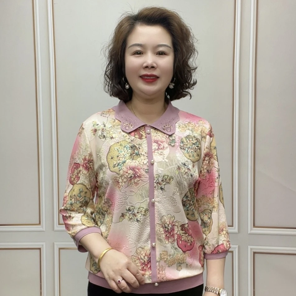 2025春夏七分袖时尚妈妈装百搭减龄气质宽松显瘦洋气中老年上衣