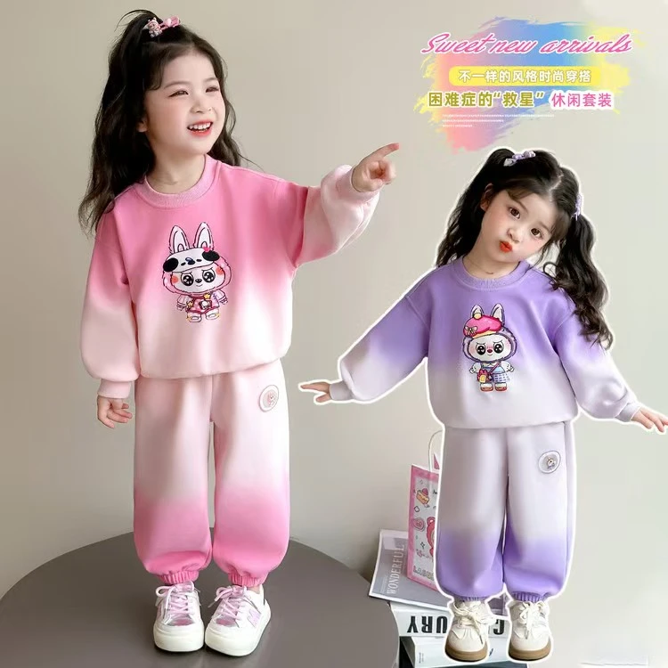 女童渐变卡通拉布布套装2025新款亮灯卫衣休闲韩版两件套扎染风