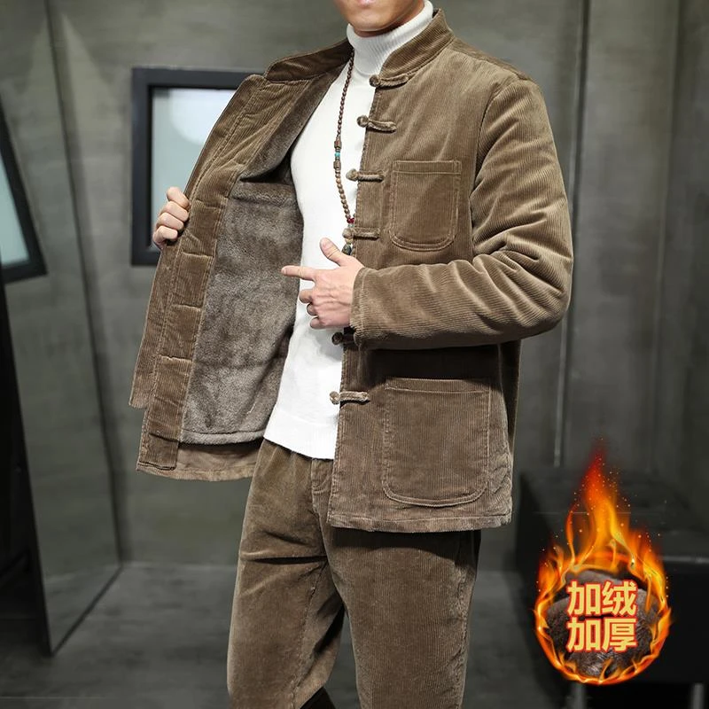 中国风灯芯绒唐装套装棉衣中式男装复古加绒加厚棉服外套禅服棉袄