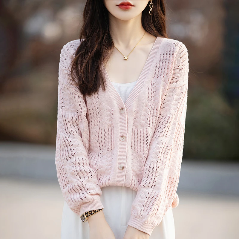纯棉新疆棉 V领针织开衫纯棉女士宽松版镂空外套百搭长袖