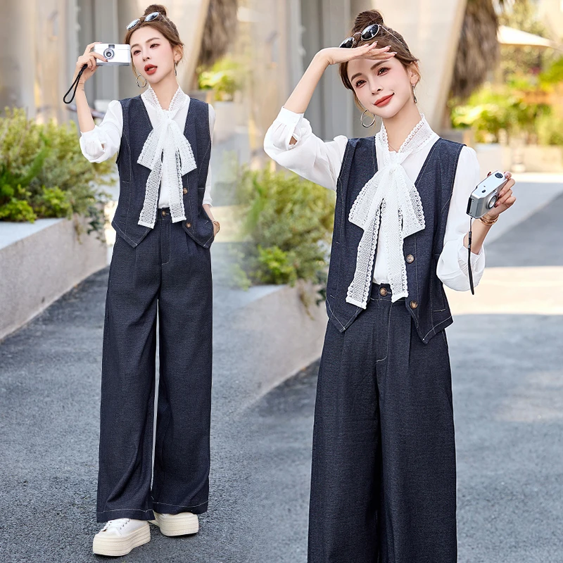 时尚职业气质马甲牛仔套装女2025春夏新款高级感气质阔腿裤三件套