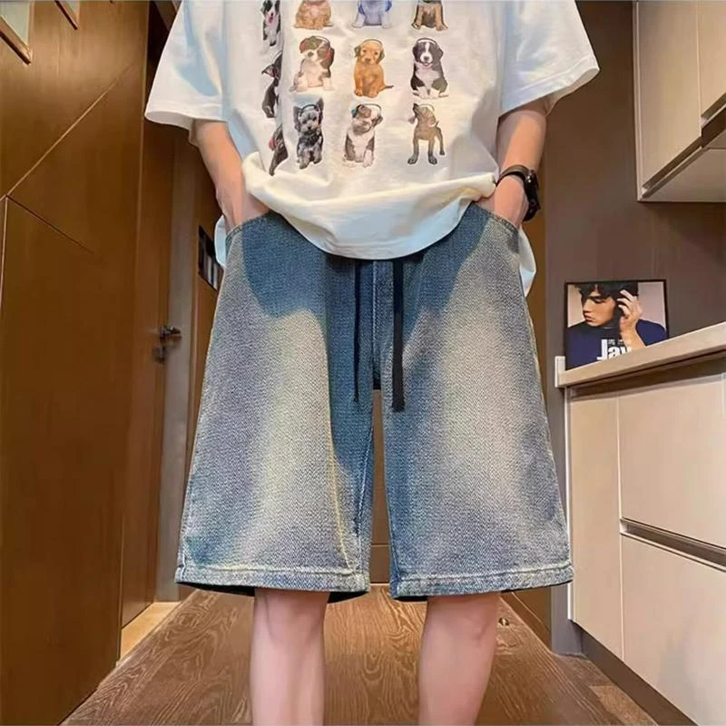 运动牛仔短裤男五分裤子设计感小众夏季新款美式宽松休闲薄款大码