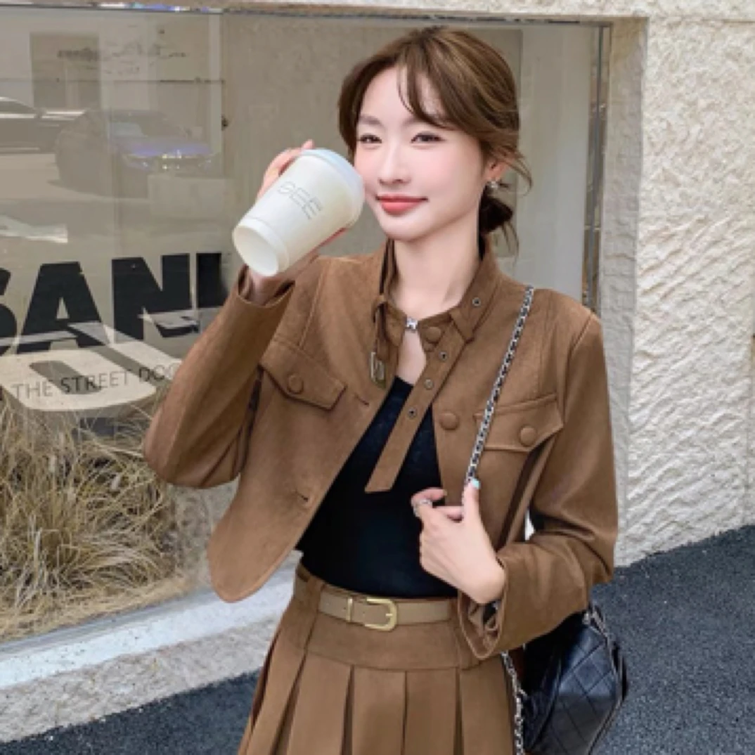 三七49（190-219）咖色百褶裤裙套装材料包