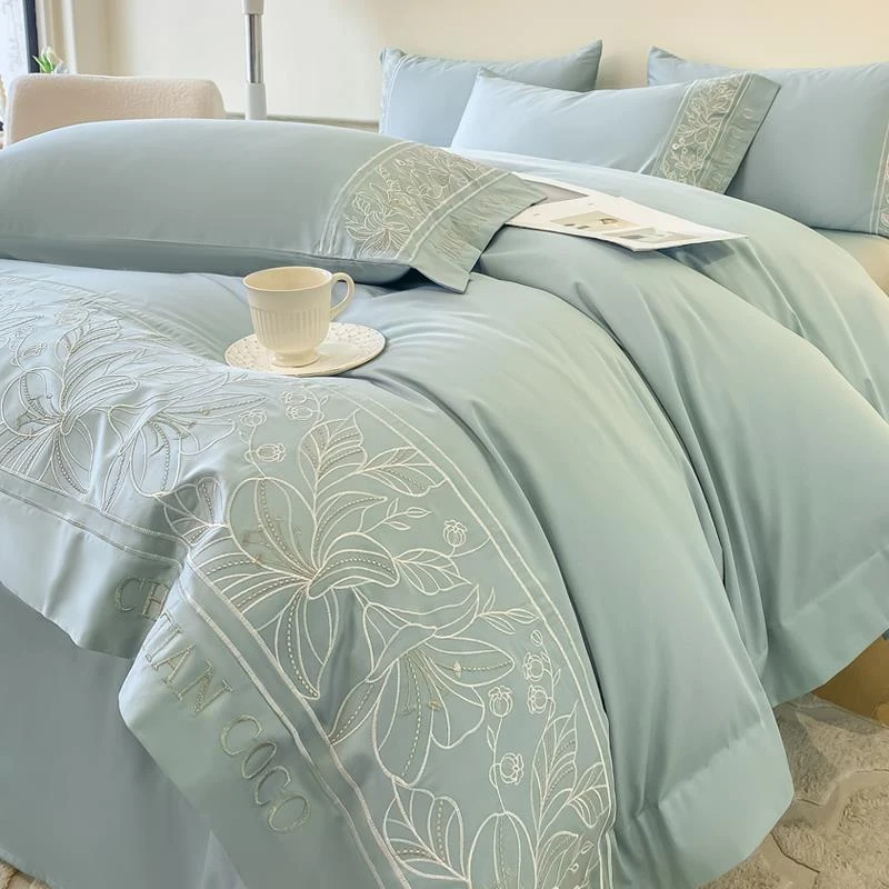 水星高端家纺欧式高级感长绒棉四件套全棉纯棉刺绣被套床单