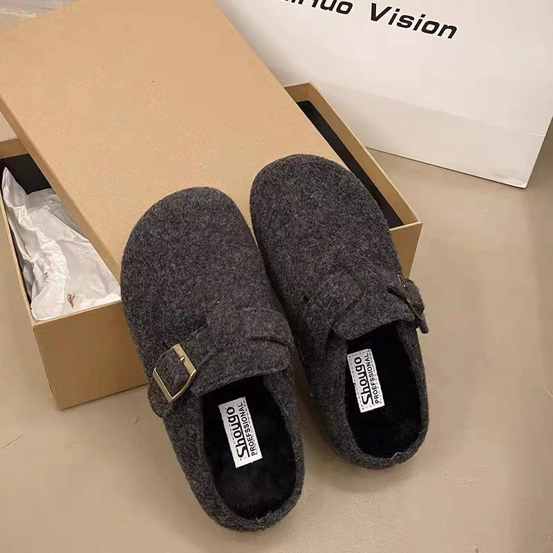 法式赫本风INS风高级感灰色勃肯鞋韩系慵懒百搭时尚毛呢半托