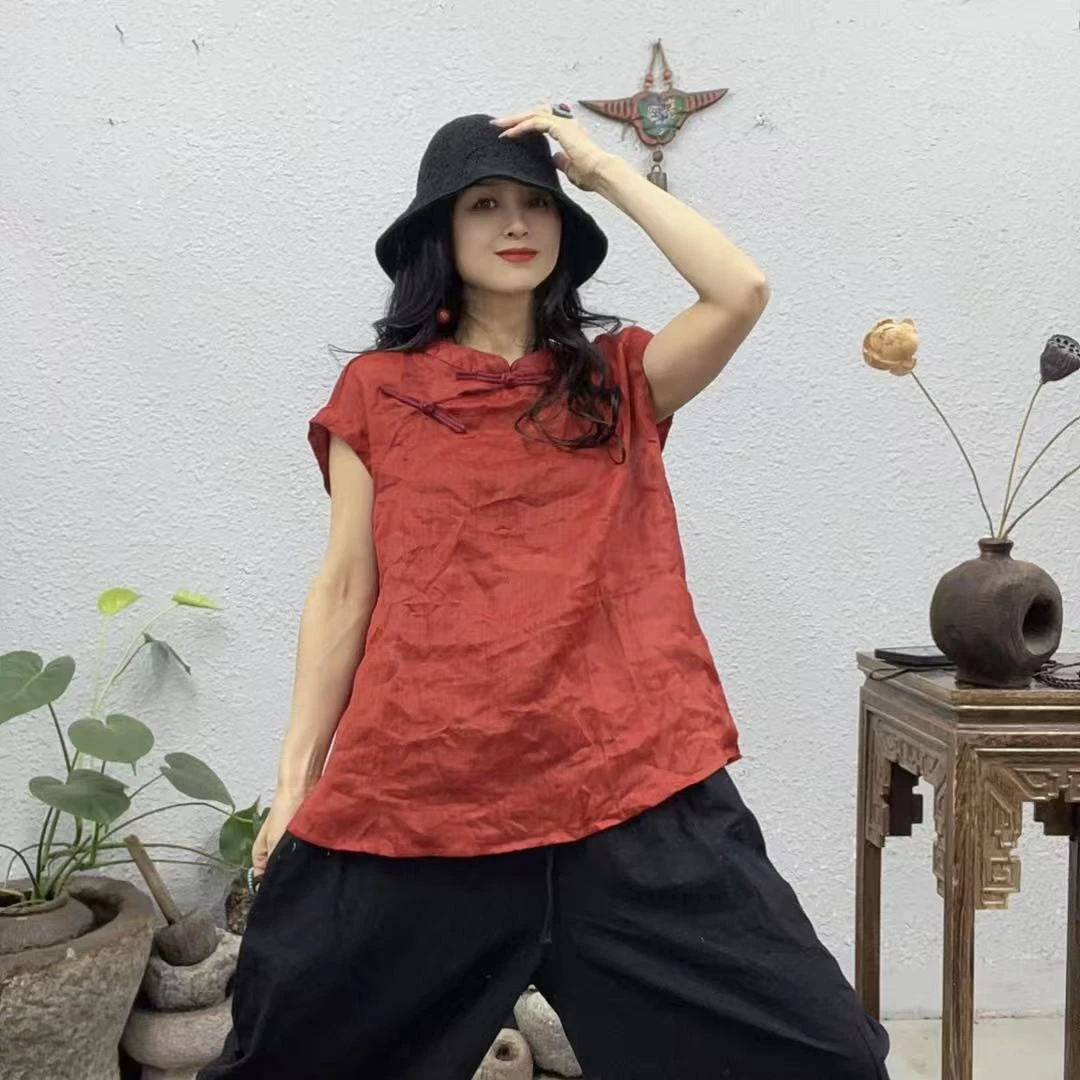 30389左衣襟两盘扣苎麻砍袖上衣（前61后66胸围118