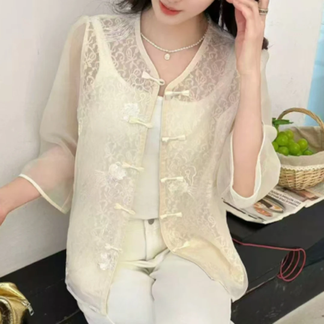 欧货～刺绣蕾丝国风衬衫，均码，百搭，显瘦