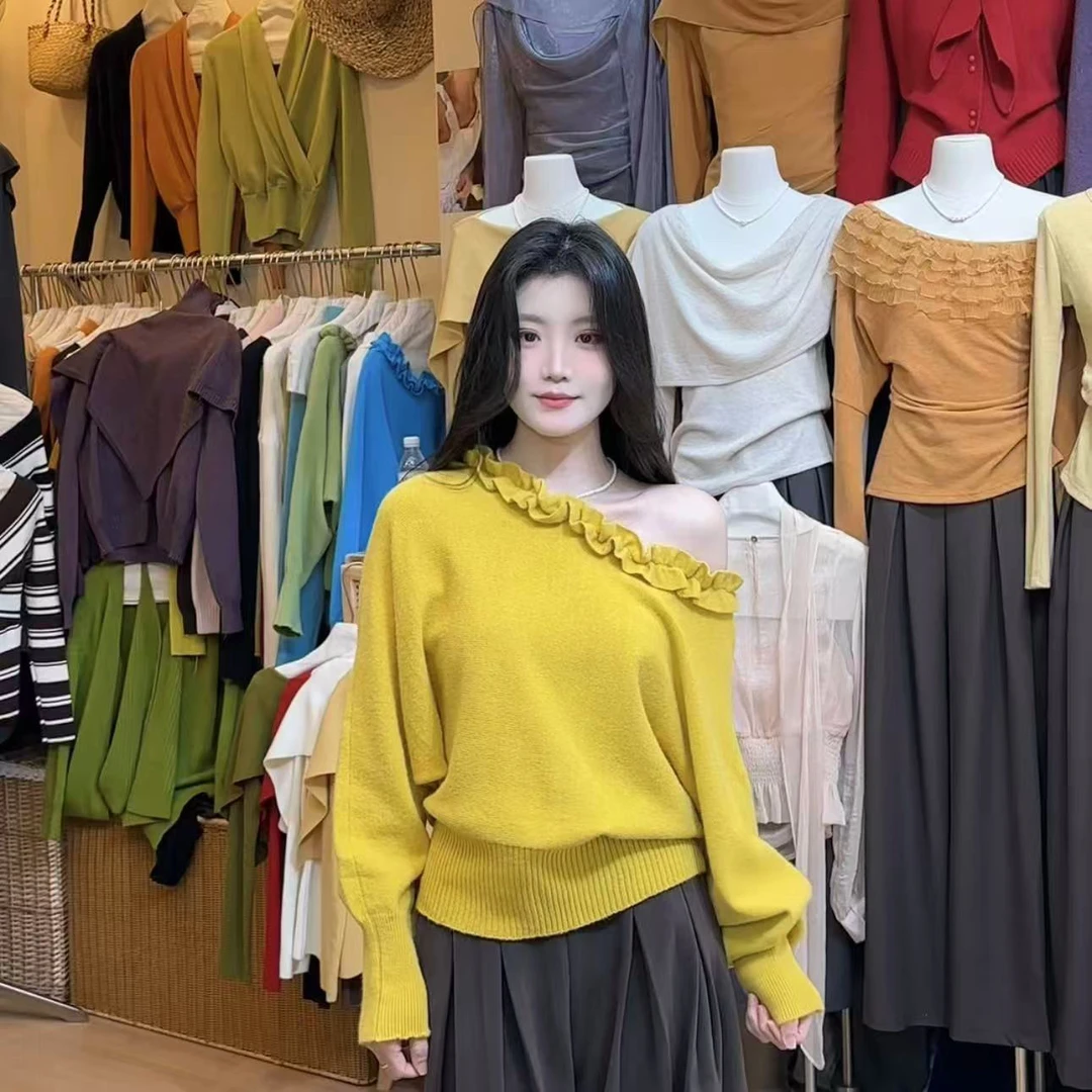 韩系慵懒风斜肩花边木耳边露肩毛衣针织衫宽松百搭秋冬气质上衣女