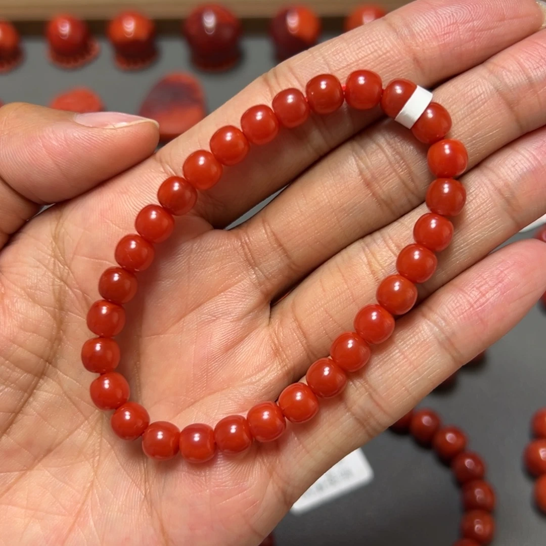 南红玛瑙未镶嵌手串 柿子锦玉润 约6.5mm 纯匀