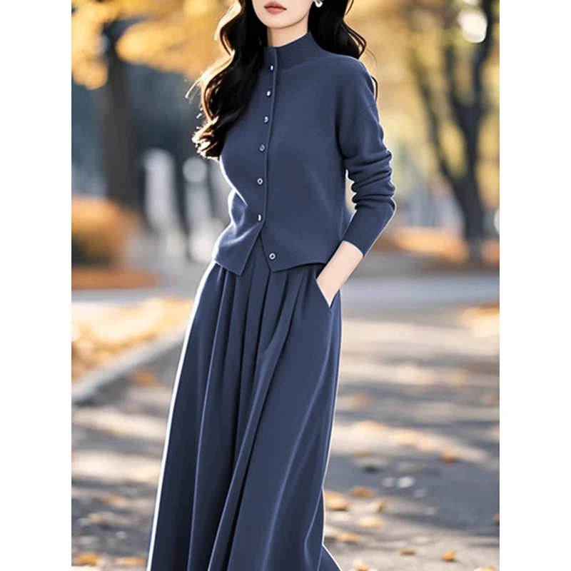 藏蓝色针织衫半身裙两件套女2025秋季新款高级感洋气减龄高端套装