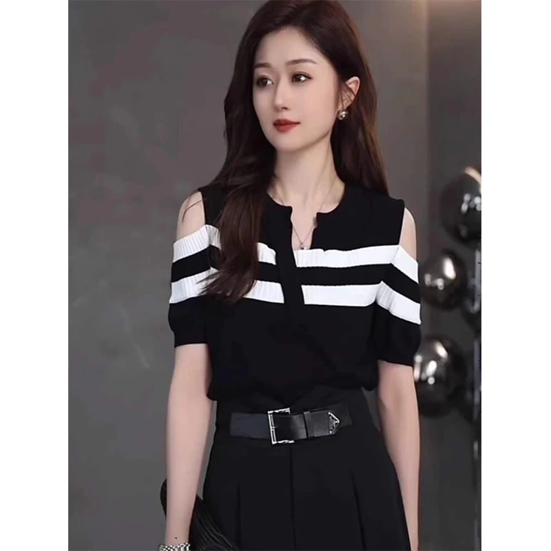 2025夏季新款高级感法式设计感露肩T恤条纹拼色短袖针织衫上衣女