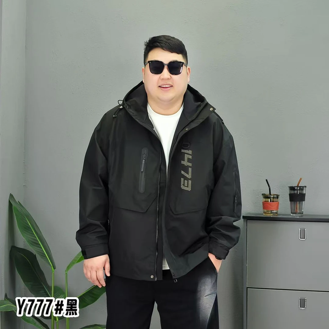 加肥加大男装宽松冲锋衣防风夹克男户外工装胖子连帽外套JG777