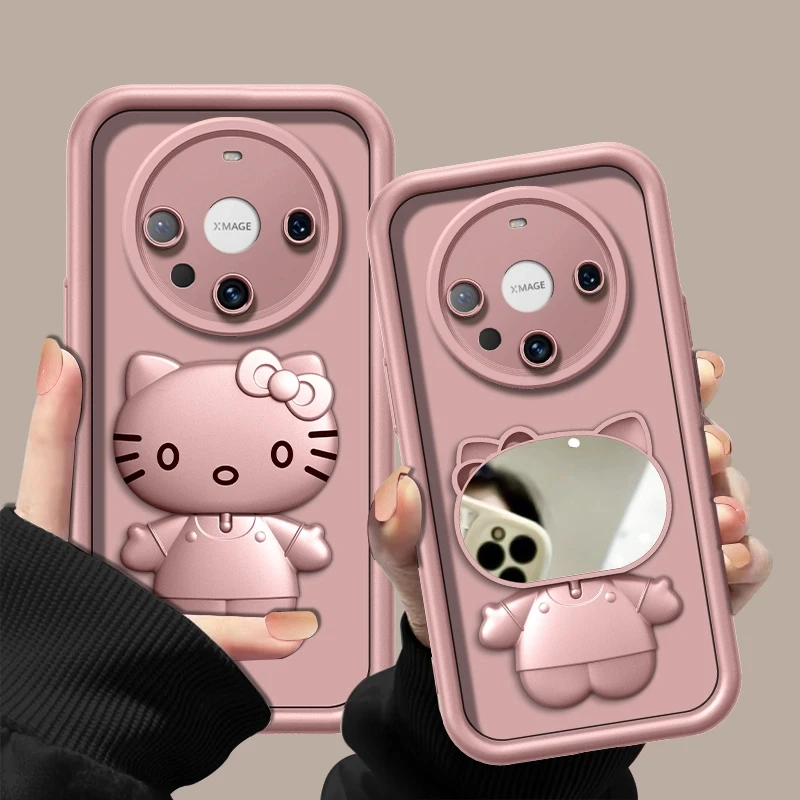 适用【华为mate60pro】金属漆香槟粉高级感猫咪支架手机壳防摔女款