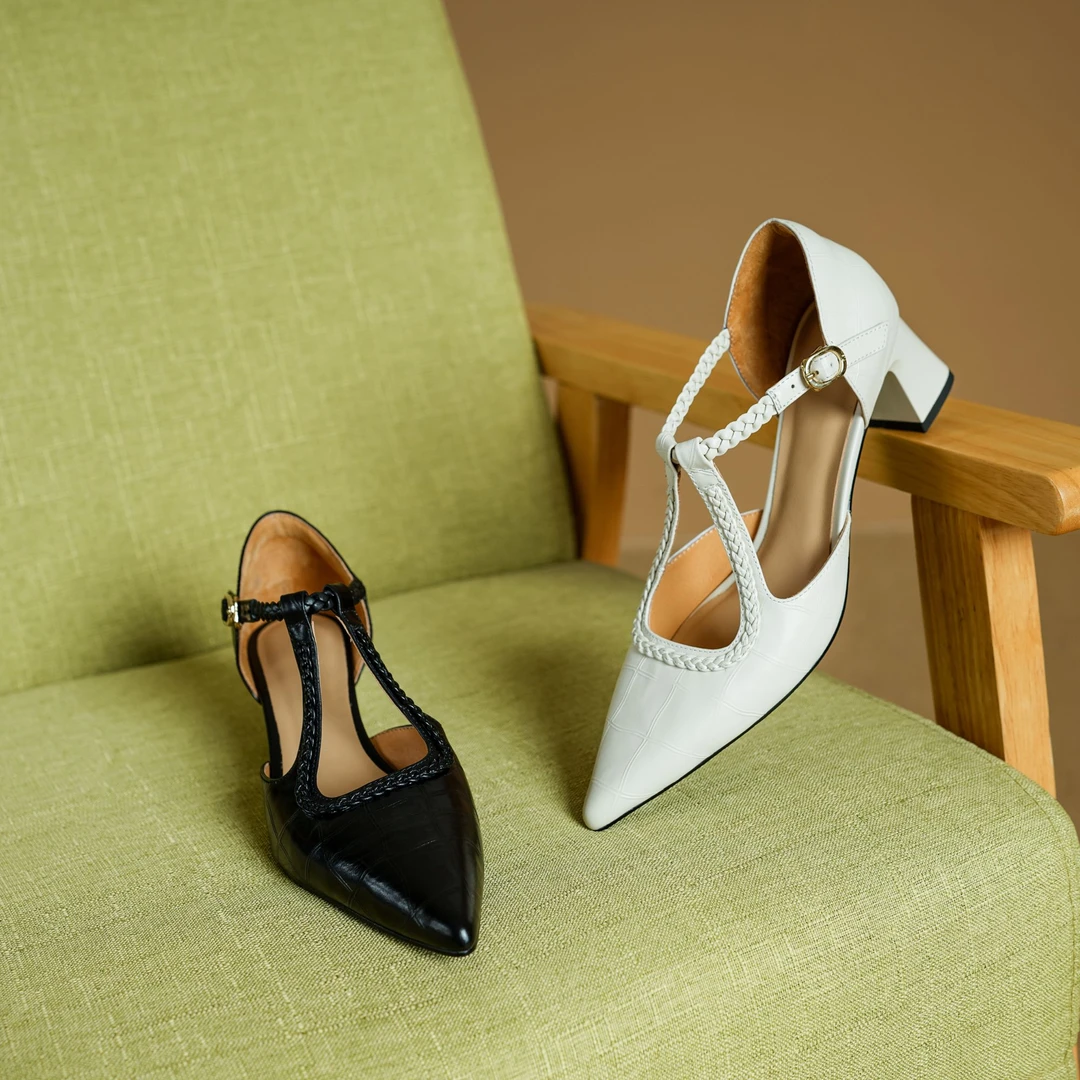 凉鞋包头法式高跟真皮时装凉鞋高跟鞋浅口低跟粗跟女士中跟