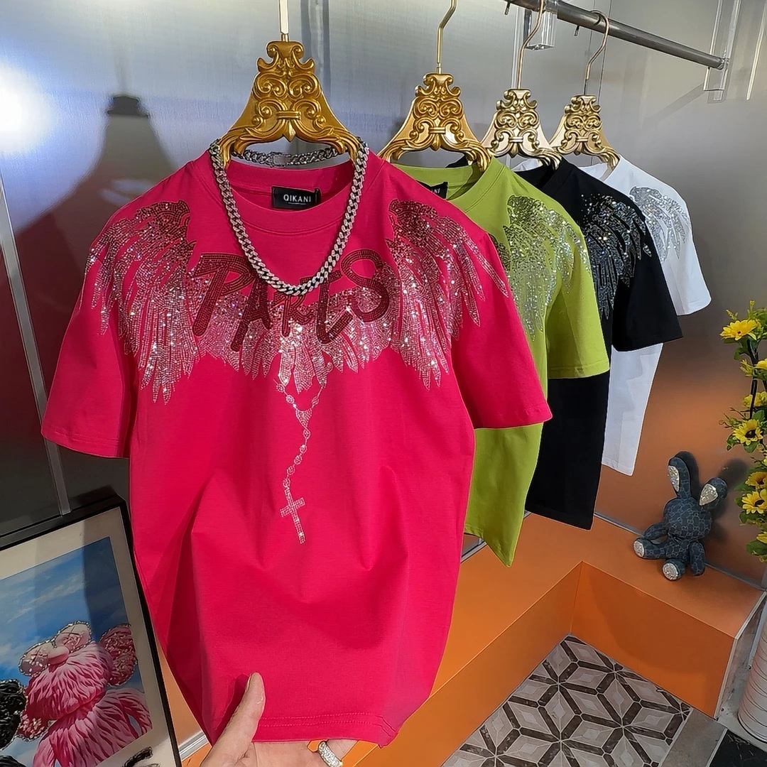 春夏新款重工艺烫钻微阔t恤圆领短袖男士男款男装潮流潮牌半袖