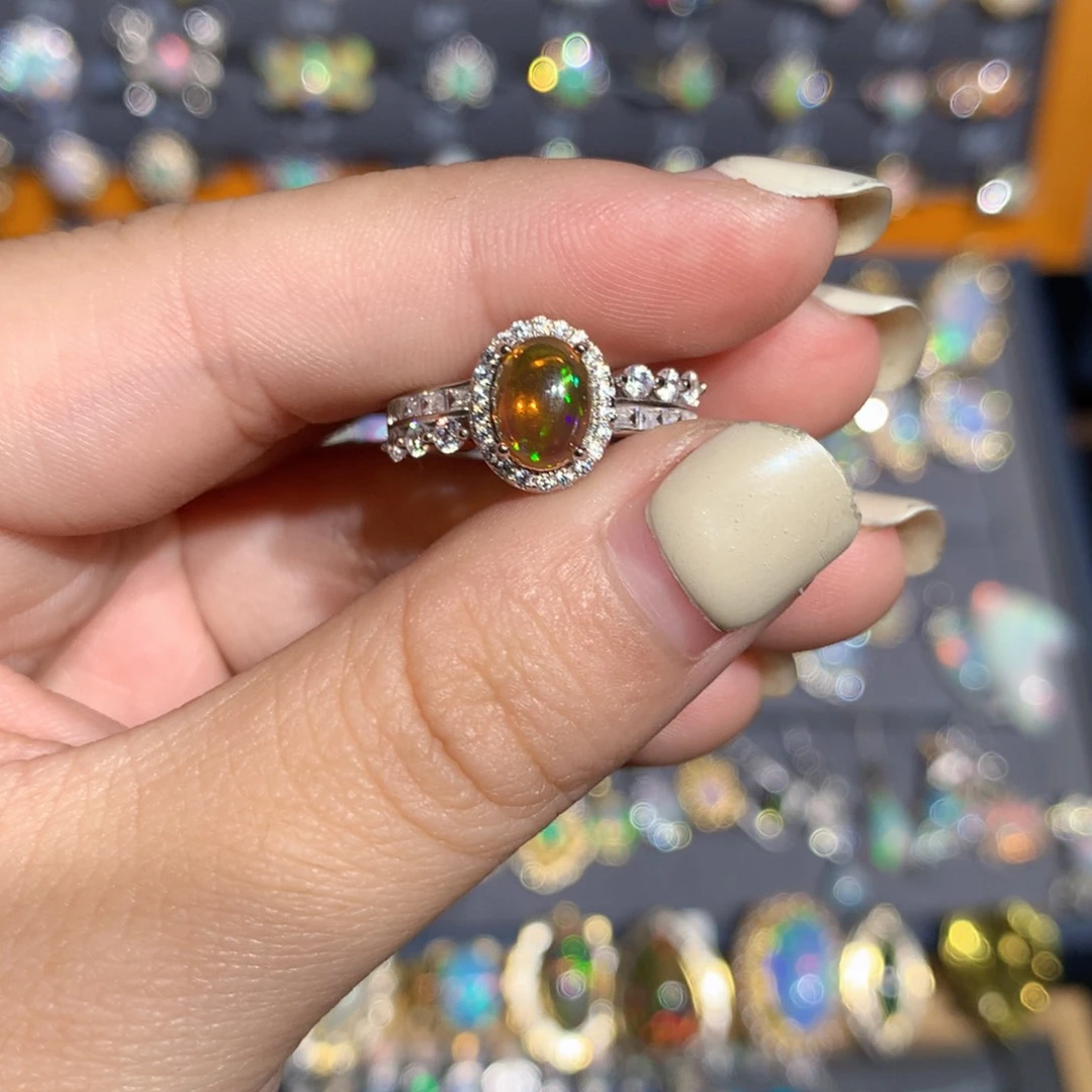 银S925镶嵌欧泊墨西哥火欧泊戒指l