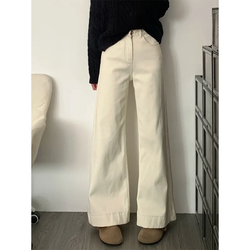 杏色外穿宽松阔腿牛仔裤女2025夏季新款不贴腿弹力显瘦喇叭拖地裤