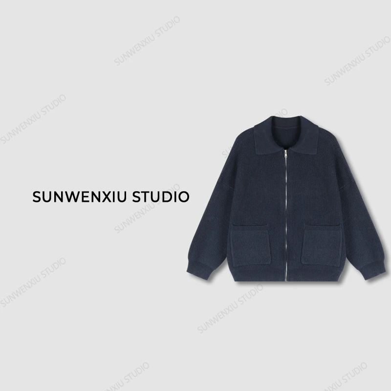 swx studio3店 “小领外套”酷飒随性慵懒风宽松休闲针织拉链外套