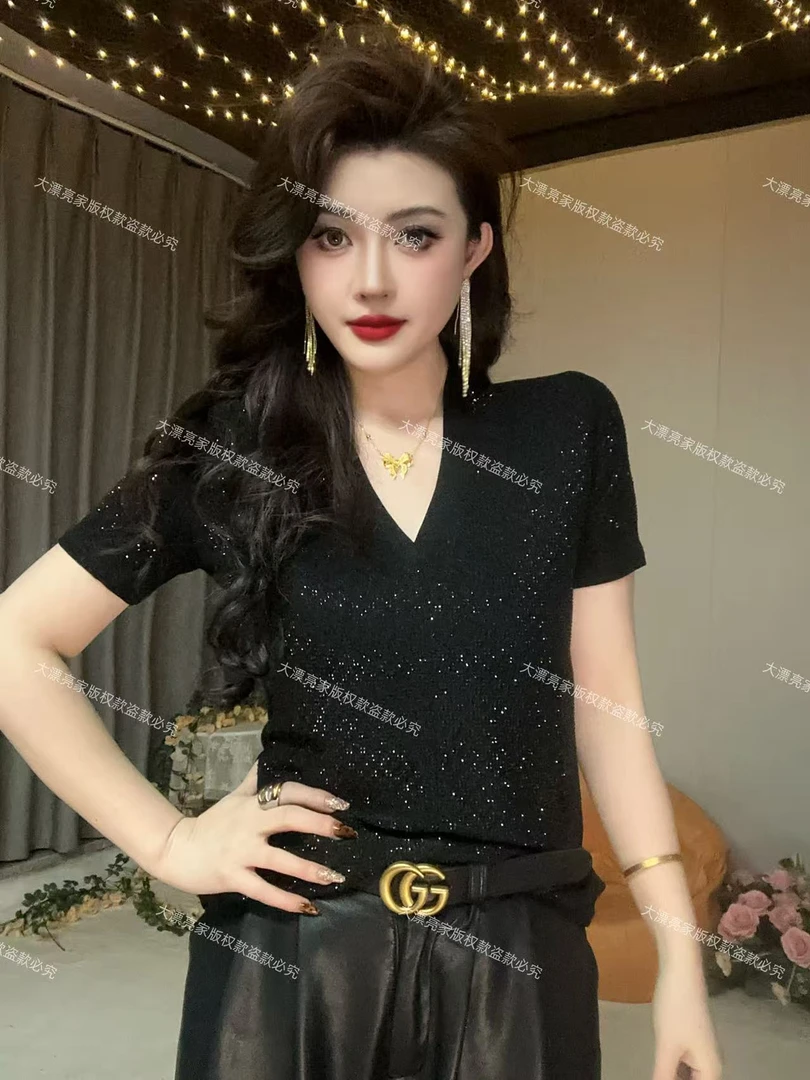 【夏季新款】V领满天星欧货时尚性感重工烫钻短袖T恤2410