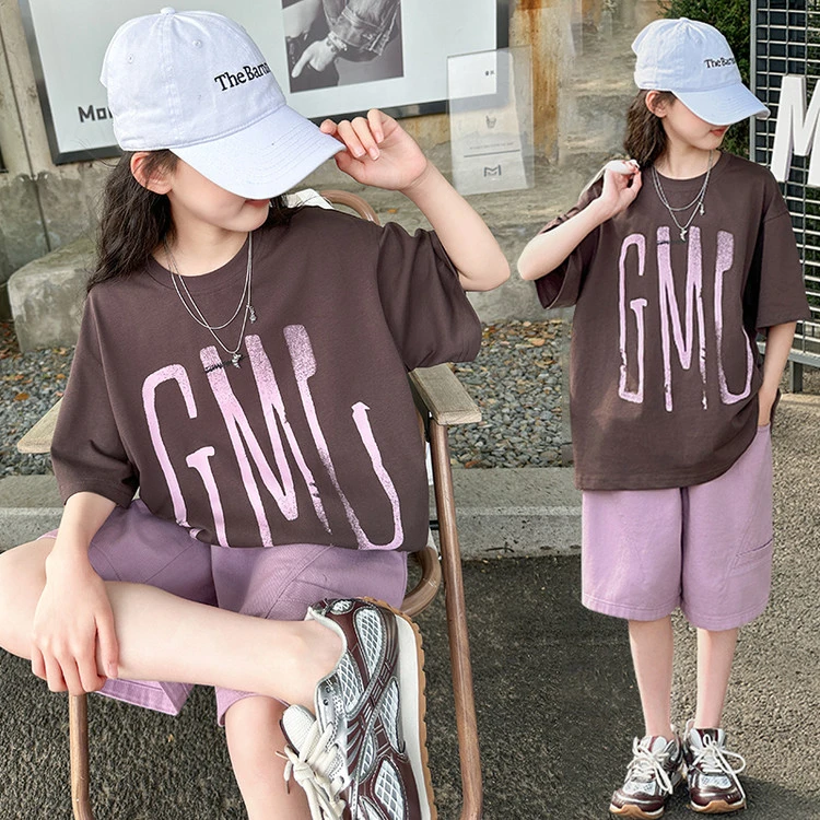 女童短袖夏季T恤儿童宽松时尚t中大童新款洋气衣服上学套装夏装