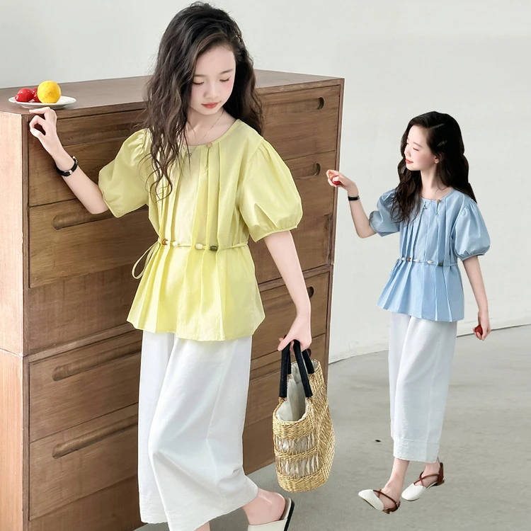 母女装 女童亲子同款25年夏季新品珍珠腰绳长裤套装阔腿时尚洋气